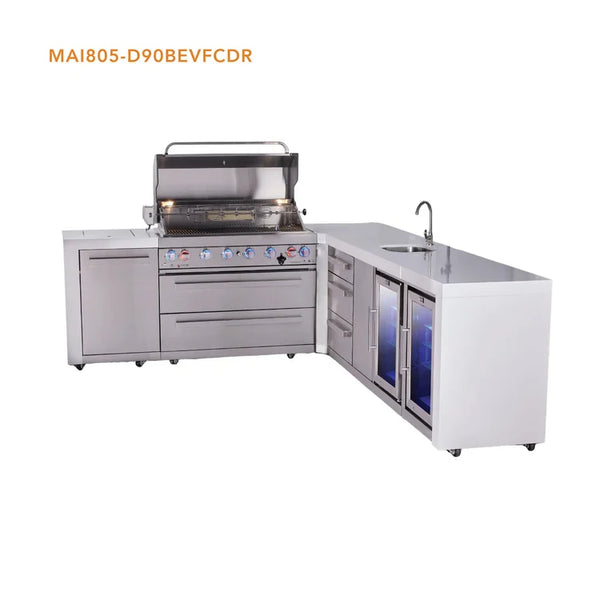 Mont Alpi 6-Burner L-Shaped Deluxe Series Outdoor Kitchen Island With Beverage Center, Corner Fridge & Extra Drawer Slides Cabinet