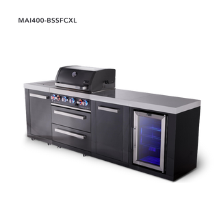 Mont Alpi 4-Burner Black Series Outdoor Kitchen Island With Fridge Module And XL Extra Storage Cabinet