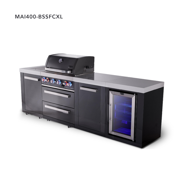 Mont Alpi 4-Burner Black Series Outdoor Kitchen Island With Fridge Module And XL Extra Storage Cabinet