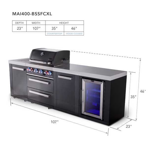 Mont Alpi 4-Burner Black Series Outdoor Kitchen Island With Fridge Module And XL Extra Storage Cabinet