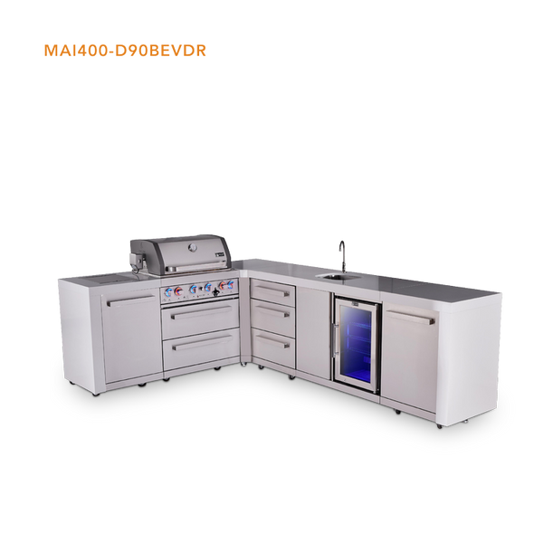 Mont Alpi 4-Burner L-Shaped Deluxe Series Outdoor Kitchen Island With Beverage Center And Extra Drawer Slides Cabinet - MAi400-D90BEVDR
