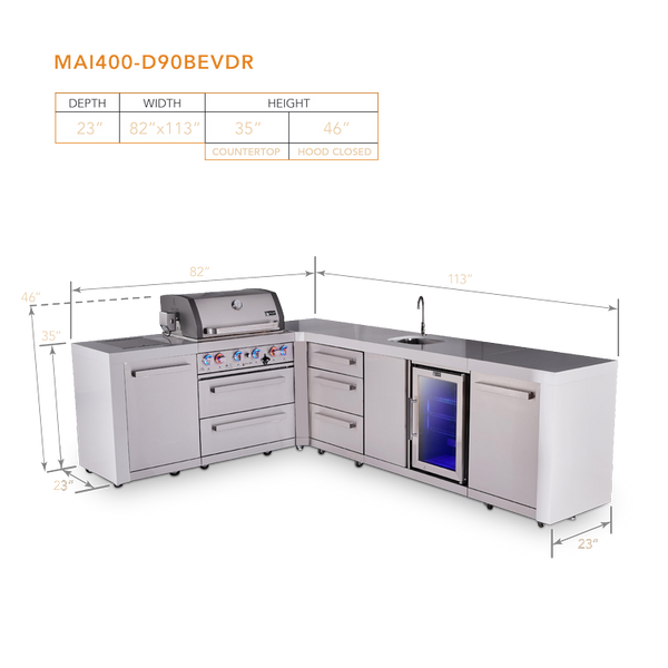 Mont Alpi 4-Burner L-Shaped Deluxe Series Outdoor Kitchen Island With Beverage Center And Extra Drawer Slides Cabinet - MAi400-D90BEVDR