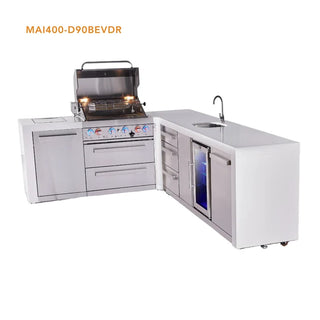 Mont Alpi 4-Burner L-Shaped Deluxe Series Outdoor Kitchen Island With Beverage Center And Extra Drawer Slides Cabinet - MAi400-D90BEVDR