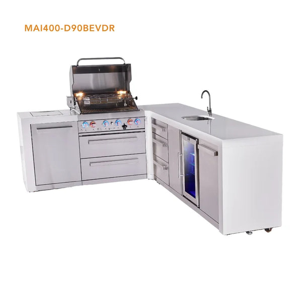 Mont Alpi 4-Burner L-Shaped Deluxe Series Outdoor Kitchen Island With Beverage Center And Extra Drawer Slides Cabinet - MAi400-D90BEVDR