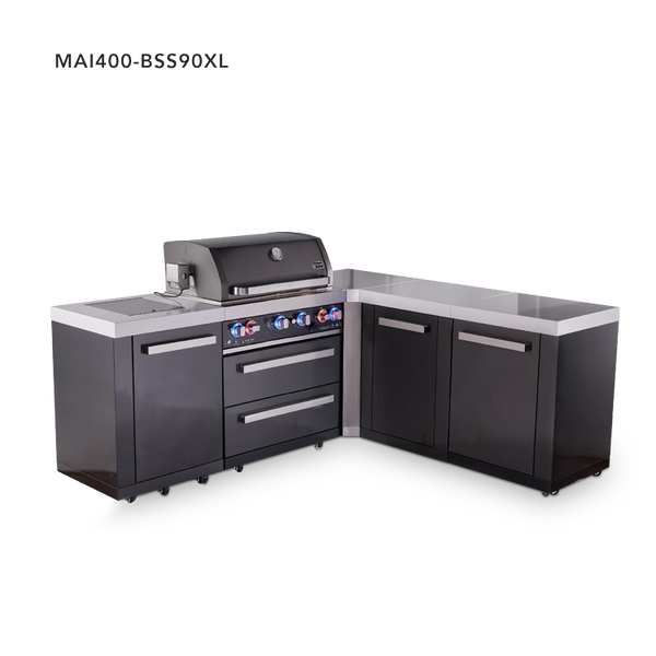 Mont Alpi 4-Burner L-Shaped Black Series Outdoor Kitchen Island With 90-Degree Corner And XL Extra Storage Cabinet