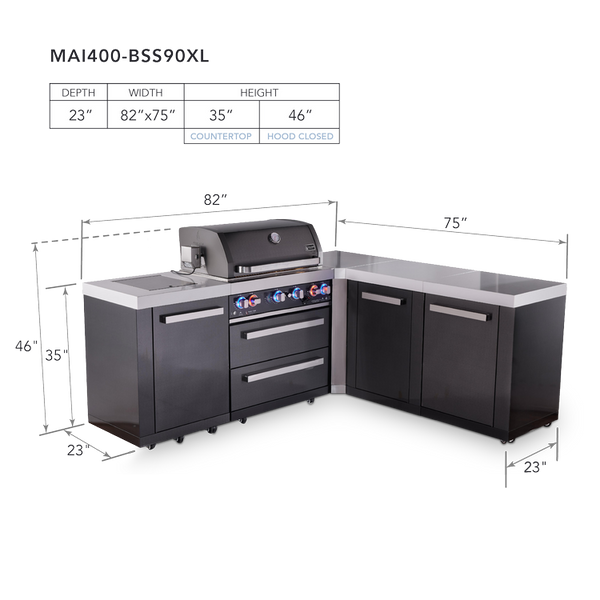 Mont Alpi 4-Burner L-Shaped Black Series Outdoor Kitchen Island With 90-Degree Corner And XL Extra Storage Cabinet