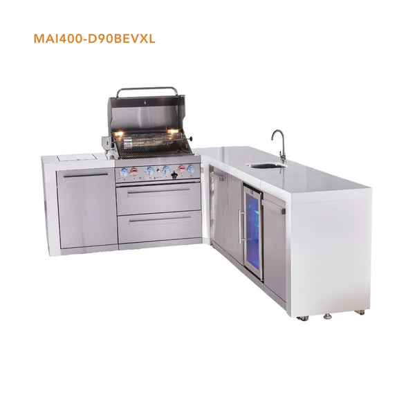 Mont Alpi 4 Burner L-Shaped Deluxe Series Outdoor Kitchen Island with Beverage Center and Extra Storage Cabinet Module-MAi400-D90BEVXL