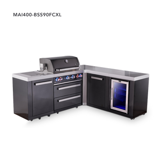 Mont Alpi 4-Burner L-Shaped Black Series Outdoor Kitchen Island With 90-Degree Corner, Fridge Module And XL Extra Storage Cabinet