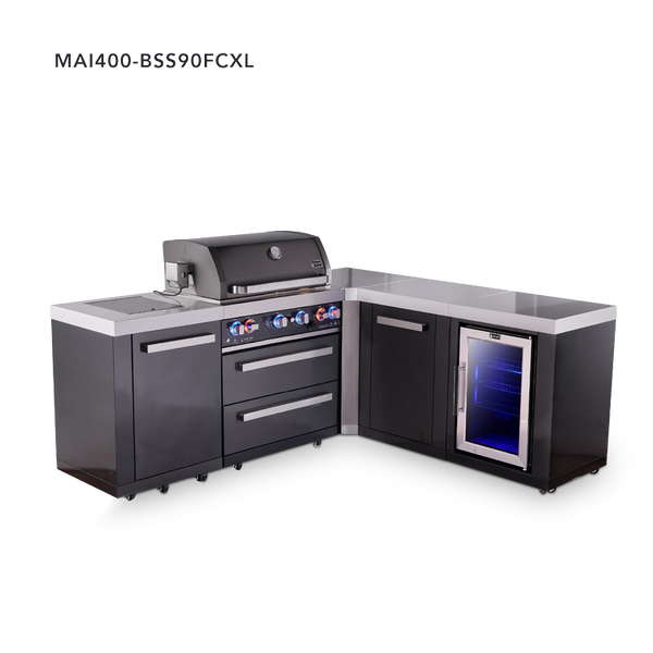 Mont Alpi 4-Burner L-Shaped Black Series Outdoor Kitchen Island With 90-Degree Corner, Fridge Module And XL Extra Storage Cabinet