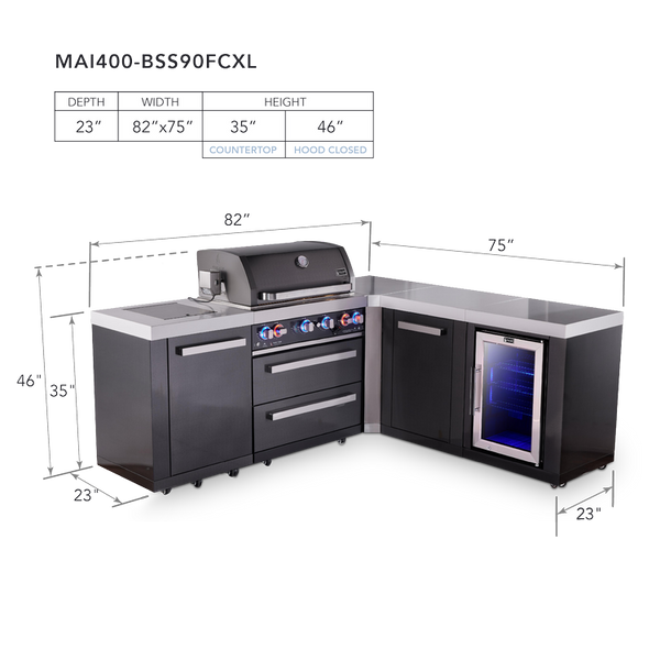 Mont Alpi 4-Burner L-Shaped Black Series Outdoor Kitchen Island With 90-Degree Corner, Fridge Module And XL Extra Storage Cabinet