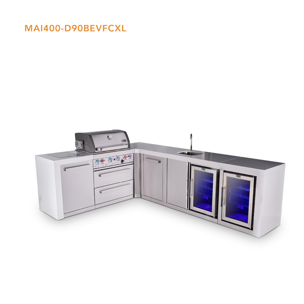 Mont Alpi 4 Burner L-Shaped Deluxe Series Outdoor Kitchen Island with Beverage Center and Corner Fridge Module Plus Extra Storage Cabinet - MAi400-D90BEVFCXL