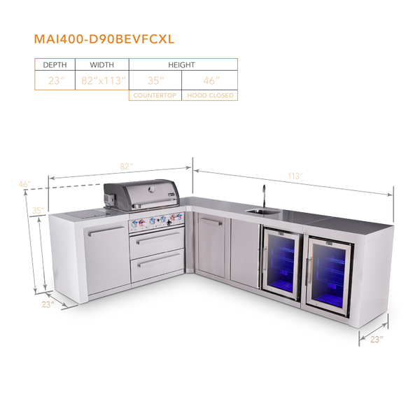 Mont Alpi 4 Burner L-Shaped Deluxe Series Outdoor Kitchen Island with Beverage Center and Corner Fridge Module Plus Extra Storage Cabinet - MAi400-D90BEVFCXL