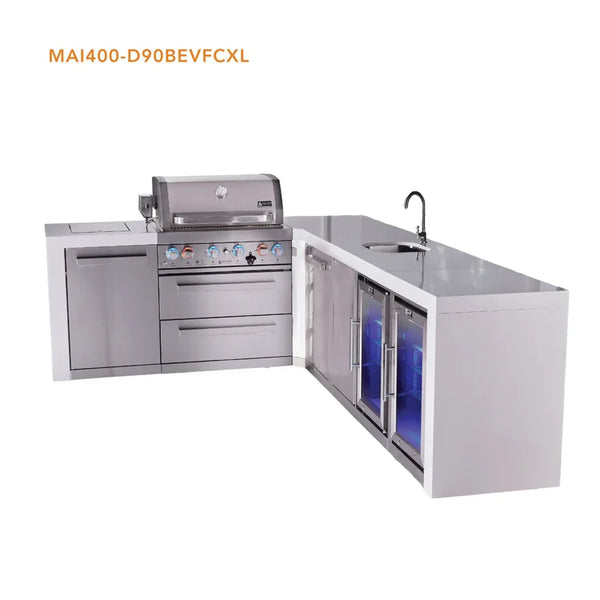 Mont Alpi 4 Burner L-Shaped Deluxe Series Outdoor Kitchen Island with Beverage Center and Corner Fridge Module Plus Extra Storage Cabinet - MAi400-D90BEVFCXL