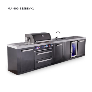 Mont Alpi 4-Burner Black Series Outdoor Kitchen Island With Beverage Center And XL Extra Storage Cabinet