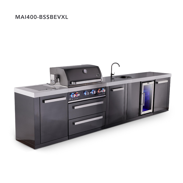 Mont Alpi 4-Burner Black Series Outdoor Kitchen Island With Beverage Center And XL Extra Storage Cabinet