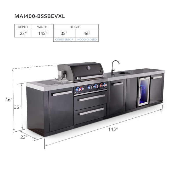 Mont Alpi 4-Burner Black Series Outdoor Kitchen Island With Beverage Center And XL Extra Storage Cabinet