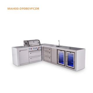 Mont Alpi L-Shaped 4-Burner Deluxe Series Outdoor Kitchen Island With Beverage Center And Corner Fridge Module Plus Extra Drawer Slides Cabinet - MAi400-D90BEVFCDR