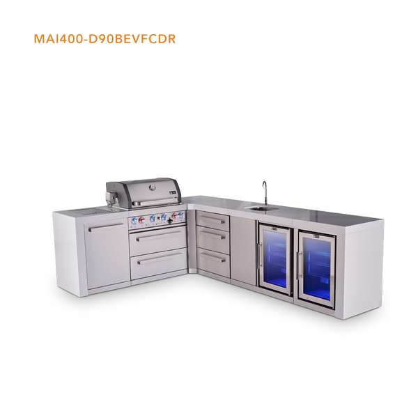 Mont Alpi L-Shaped 4-Burner Deluxe Series Outdoor Kitchen Island With Beverage Center And Corner Fridge Module Plus Extra Drawer Slides Cabinet - MAi400-D90BEVFCDR