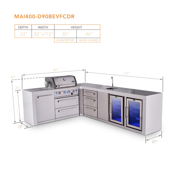 Mont Alpi L-Shaped 4-Burner Deluxe Series Outdoor Kitchen Island With Beverage Center And Corner Fridge Module Plus Extra Drawer Slides Cabinet - MAi400-D90BEVFCDR