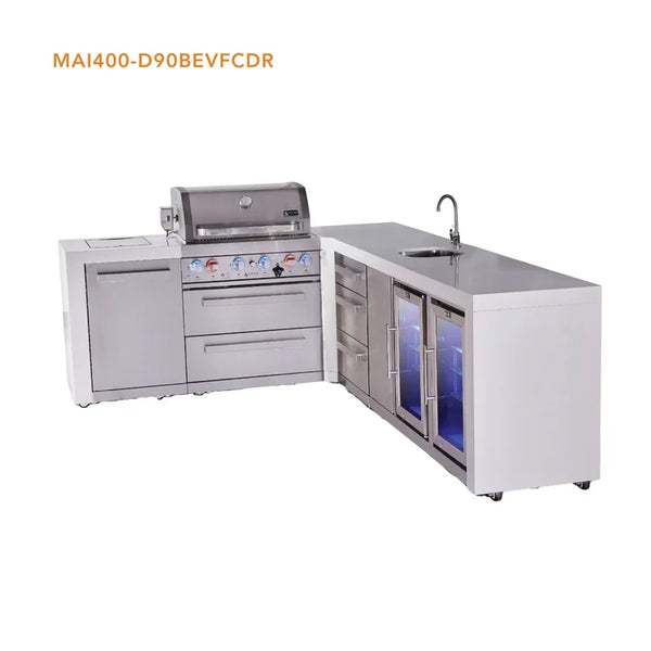 Mont Alpi L-Shaped 4-Burner Deluxe Series Outdoor Kitchen Island With Beverage Center And Corner Fridge Module Plus Extra Drawer Slides Cabinet - MAi400-D90BEVFCDR