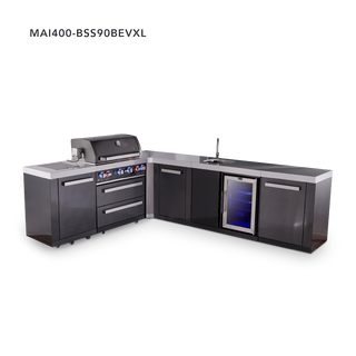 Mont Alpi 4-Burner L-Shaped Black Series Outdoor Kitchen Island With 90-Degree Beverage Center And XL Extra Storage Cabinet