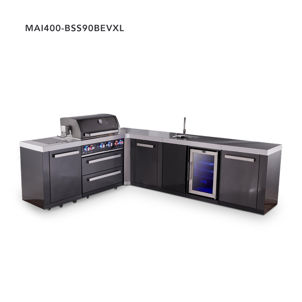 Mont Alpi 4-Burner L-Shaped Black Series Outdoor Kitchen Island With 90-Degree Beverage Center And XL Extra Storage Cabinet