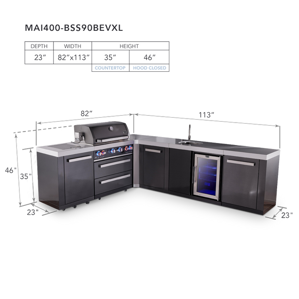 Mont Alpi 4-Burner L-Shaped Black Series Outdoor Kitchen Island With 90-Degree Beverage Center And XL Extra Storage Cabinet
