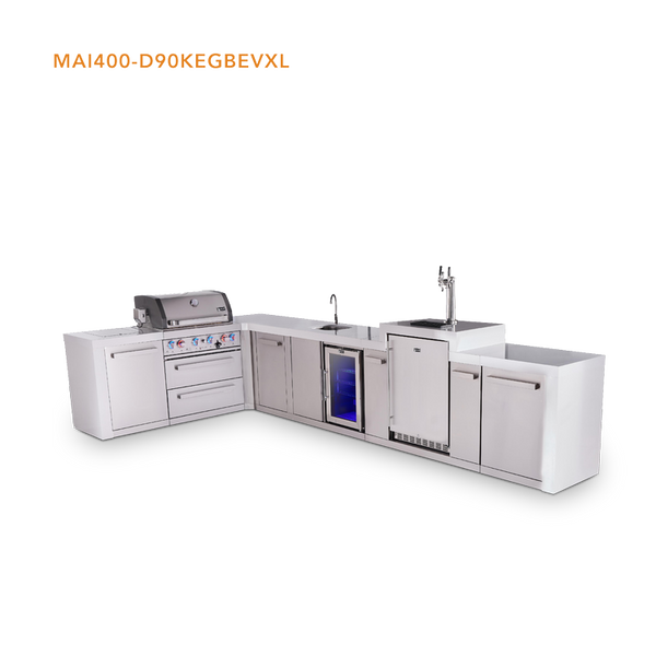Mont Alpi 4 Burner L- Shaped Deluxe Series Outdoor Kitchen Island with Beverage Center and Kegerator Module Plus Extra Storage Cabinet - MAi400-D90KEGBEVXL