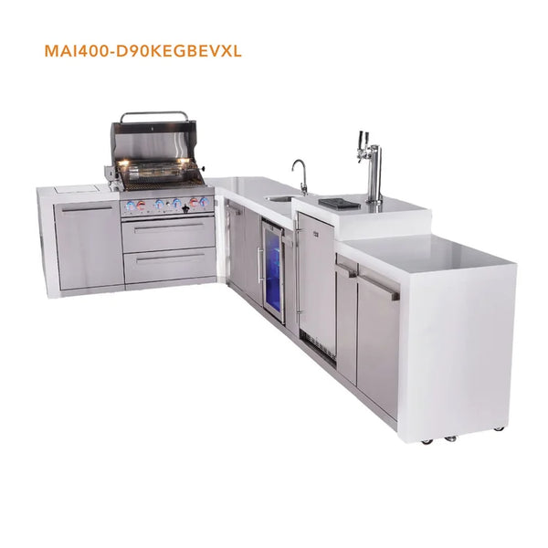 Mont Alpi 4 Burner L- Shaped Deluxe Series Outdoor Kitchen Island with Beverage Center and Kegerator Module Plus Extra Storage Cabinet - MAi400-D90KEGBEVXL