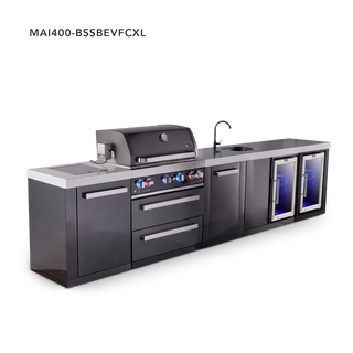 Mont Alpi 4-Burner Black Series Outdoor Kitchen Island With Beverage Center, Fridge Module And XL Extra Storage Cabinet