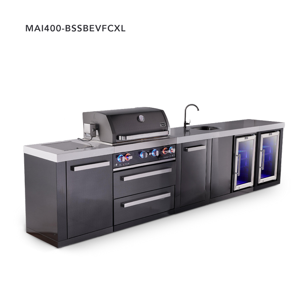 Mont Alpi 4-Burner Black Series Outdoor Kitchen Island With Beverage Center, Fridge Module And XL Extra Storage Cabinet