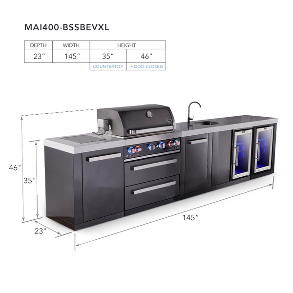 Mont Alpi 4-Burner Black Series Outdoor Kitchen Island With Beverage Center, Fridge Module And XL Extra Storage Cabinet