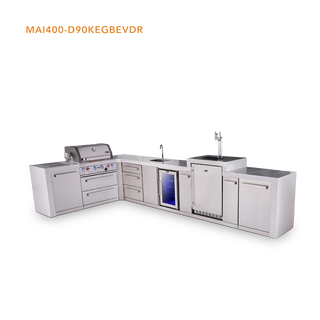 Mont Alpi 4-Burner L-Shaped Deluxe Series Outdoor Kitchen Island With Beverage Center, Kegerator And Extra Drawer Slides Cabinet - MAi400-D90KEGBEVDR
