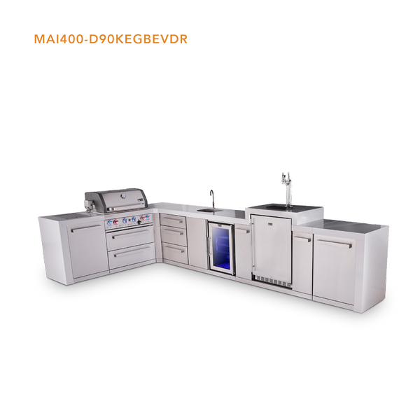 Mont Alpi 4-Burner L-Shaped Deluxe Series Outdoor Kitchen Island With Beverage Center, Kegerator And Extra Drawer Slides Cabinet - MAi400-D90KEGBEVDR