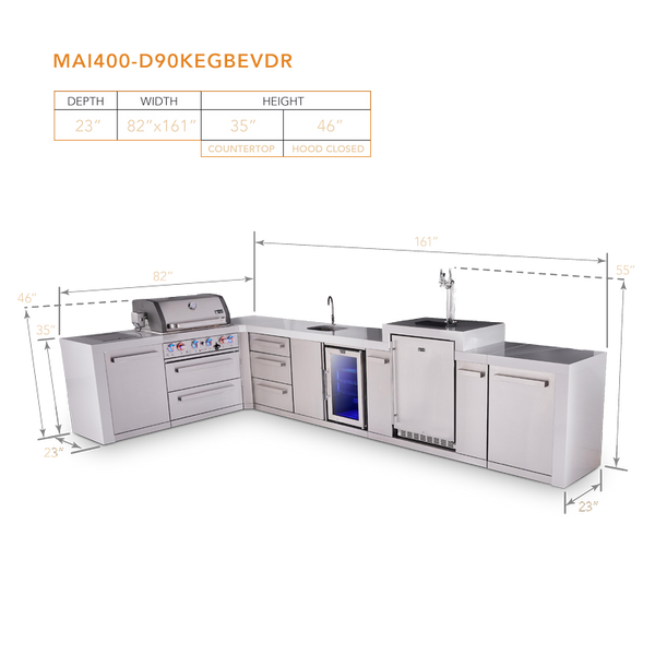 Mont Alpi 4-Burner L-Shaped Deluxe Series Outdoor Kitchen Island With Beverage Center, Kegerator And Extra Drawer Slides Cabinet - MAi400-D90KEGBEVDR