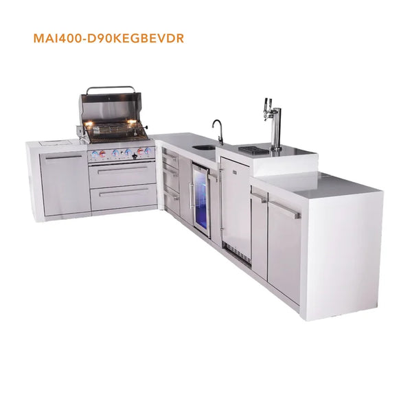 Mont Alpi 4-Burner L-Shaped Deluxe Series Outdoor Kitchen Island With Beverage Center, Kegerator And Extra Drawer Slides Cabinet - MAi400-D90KEGBEVDR