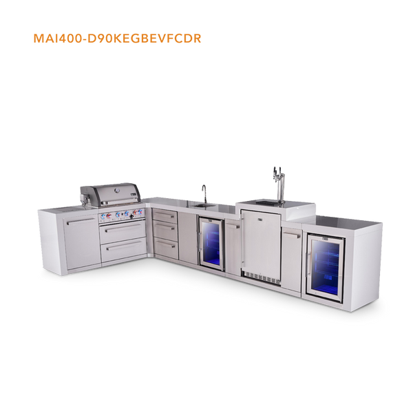 Mont Alpi 4-Burner L-Shaped Deluxe Series Outdoor Kitchen Island With Beverage Center, Kegerator And Corner Fridge Module - MAi400-D90KEGBEVFCDR