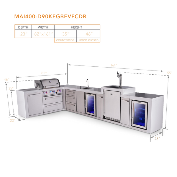 Mont Alpi 4-Burner L-Shaped Deluxe Series Outdoor Kitchen Island With Beverage Center, Kegerator And Corner Fridge Module - MAi400-D90KEGBEVFCDR