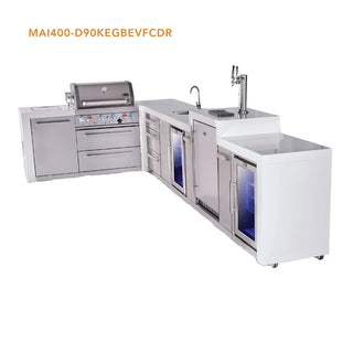 Mont Alpi 4-Burner L-Shaped Deluxe Series Outdoor Kitchen Island With Beverage Center, Kegerator And Corner Fridge Module - MAi400-D90KEGBEVFCDR