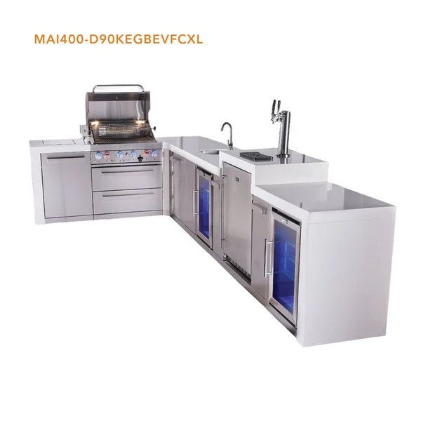 Mont Alpi 4 Burner L-Shaped Deluxe Series Outdoor Kitchen Island with Beverage Center, Kegerator and Corner Fridge Module Plus Extra Storage Cabinet