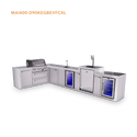 Mont Alpi 4 Burner L-Shaped Deluxe Series Outdoor Kitchen Island with Beverage Center, Kegerator and Corner Fridge Module Plus Extra Storage Cabinet