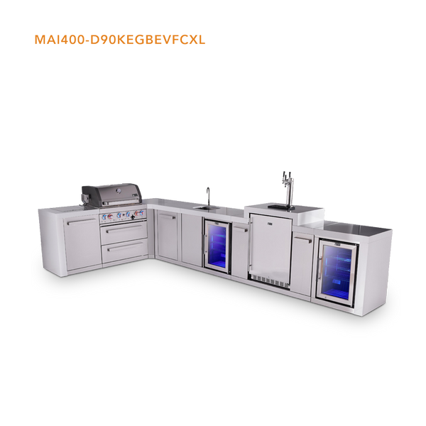 Mont Alpi 4 Burner L-Shaped Deluxe Series Outdoor Kitchen Island with Beverage Center, Kegerator and Corner Fridge Module Plus Extra Storage Cabinet
