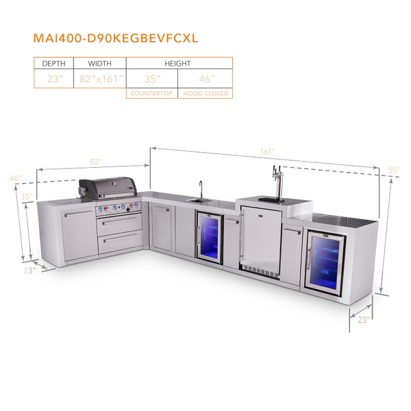 Mont Alpi 4 Burner L-Shaped Deluxe Series Outdoor Kitchen Island with Beverage Center, Kegerator and Corner Fridge Module Plus Extra Storage Cabinet