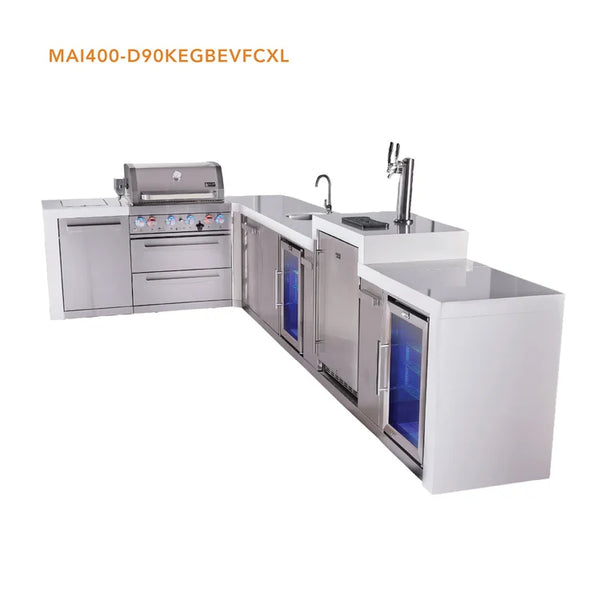 Mont Alpi 4 Burner L-Shaped Deluxe Series Outdoor Kitchen Island with Beverage Center, Kegerator and Corner Fridge Module Plus Extra Storage Cabinet