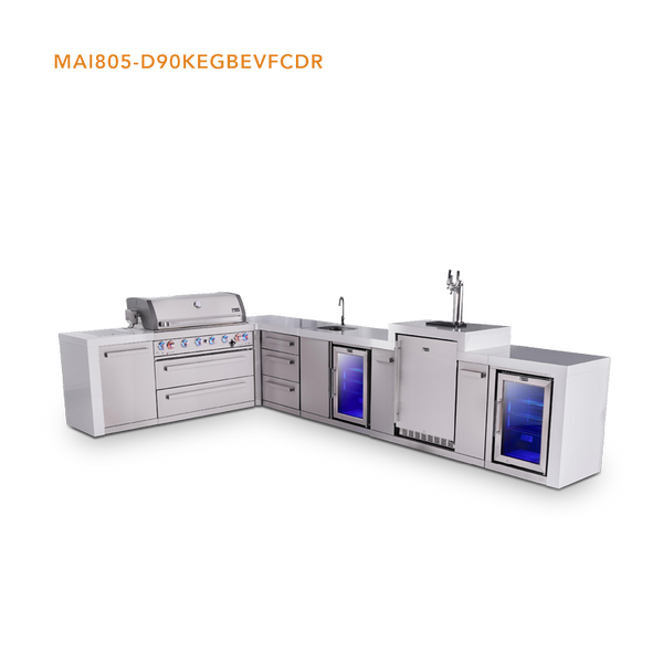 Mont Alpi 6-Burner L-Shaped Deluxe Series Outdoor Kitchen Island With Beverage Center, Kegerator And Corner Fridge Module Plus Extra Drawer Slides Cabinet-MAi805-D90KEGBEVFCDR