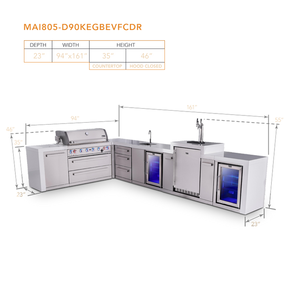 Mont Alpi 6-Burner L-Shaped Deluxe Series Outdoor Kitchen Island With Beverage Center, Kegerator And Corner Fridge Module Plus Extra Drawer Slides Cabinet-MAi805-D90KEGBEVFCDR