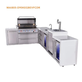 Mont Alpi 6-Burner L-Shaped Deluxe Series Outdoor Kitchen Island With Beverage Center, Kegerator And Corner Fridge Module Plus Extra Drawer Slides Cabinet-MAi805-D90KEGBEVFCDR