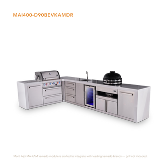 Mont Alpi 4-Burner L-Shaped Deluxe Series Outdoor Kitchen Island With Beverage Center And Kamado Plus Extra Drawer Slides - MAi400-D90BEVKAMDR
