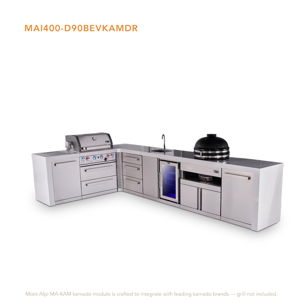 Mont Alpi 4-Burner L-Shaped Deluxe Series Outdoor Kitchen Island With Beverage Center And Kamado Plus Extra Drawer Slides - MAi400-D90BEVKAMDR