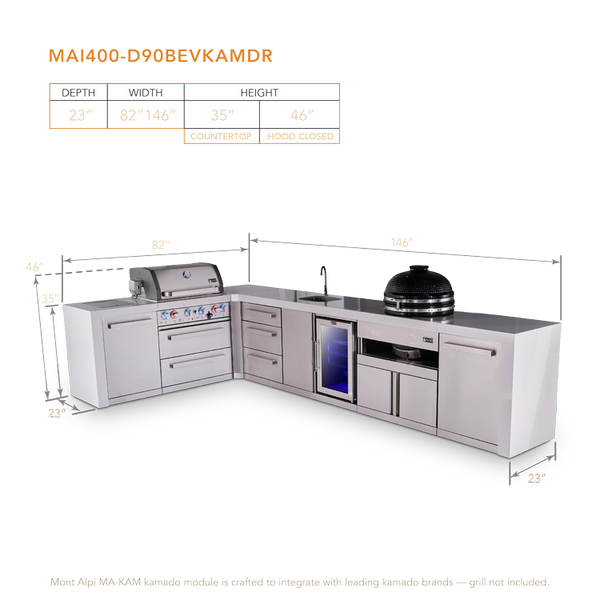 Mont Alpi 4-Burner L-Shaped Deluxe Series Outdoor Kitchen Island With Beverage Center And Kamado Plus Extra Drawer Slides - MAi400-D90BEVKAMDR